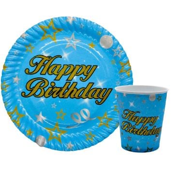 Mavi Happy Birthday Baskılı Karton Tabak ve Bardak (8 Adet)
