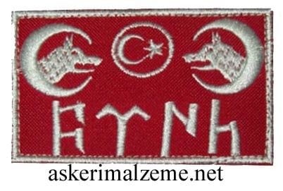 Çift Kurt Başlı Ayyıldız Bayrak Göktürkçe Türk Yazılı Kırmızı Renk Arma, Patch, Peç Model