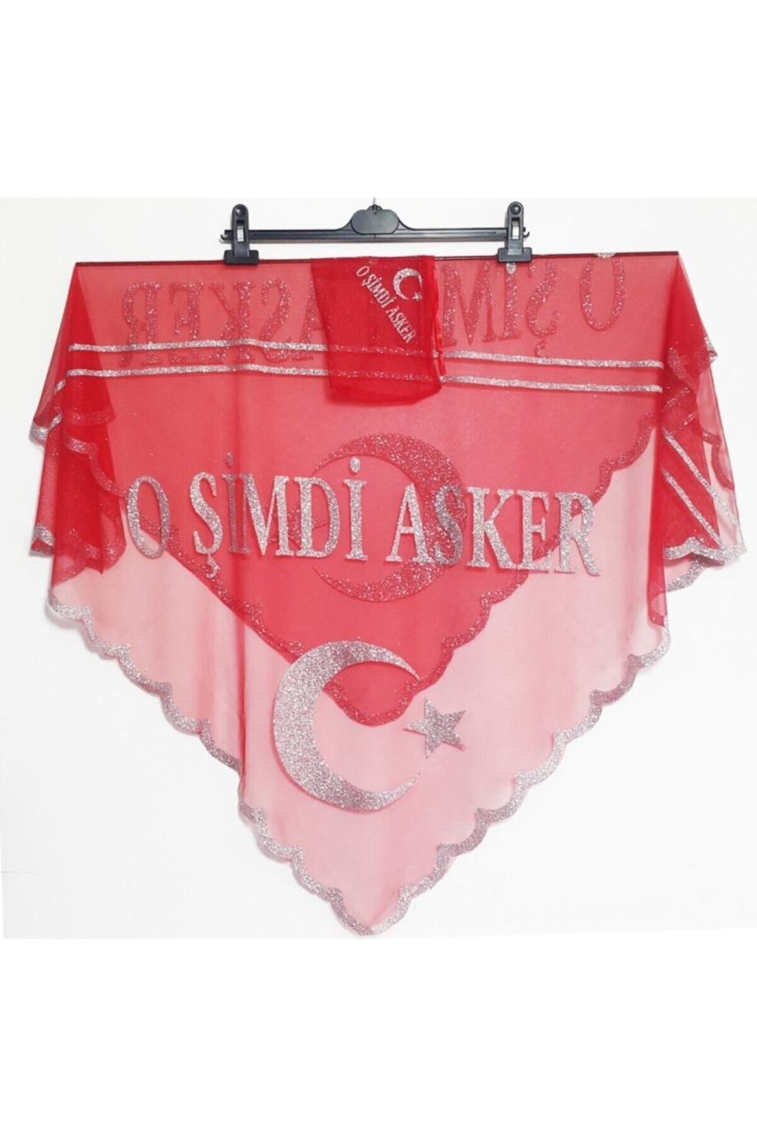 ''O Şimdi Asker'' Yazılı Kırmızı Asker Şalı