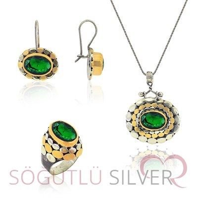 kök zümrüt taşlı benekli üçlü set set8042