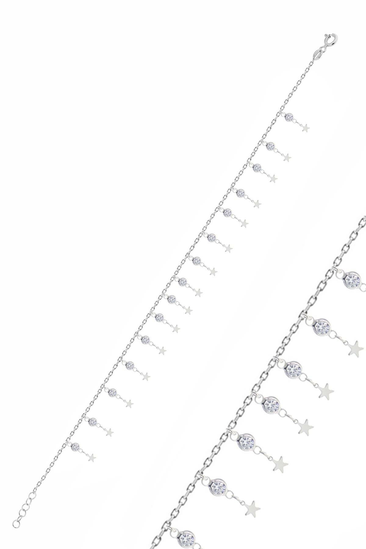 Gümüş rodyumlu zirkon taşlı çift sıra yıldız pullu halhal SGTL10538RODAJ