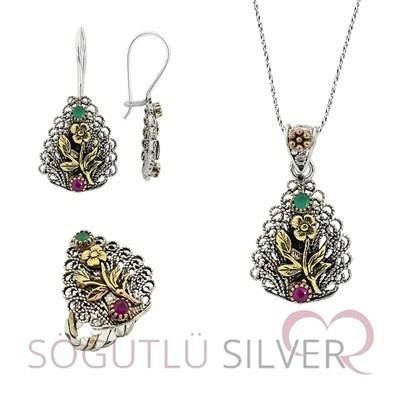 çiçekli telkari üçlü set set8096