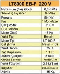 Lutian LT8000 EN-4 Benzinli Jeneratör 6,5 Kva Marşlı Monofaze