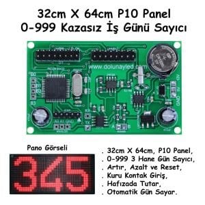 Kazasız Gün Sayıcı P10 Panel Kontrol Kartı 0-999 32cm x 64cm