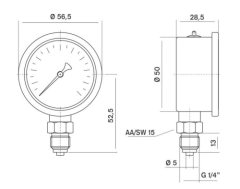 Pakkens 0-25 Bar 50 mm Alttan Bağlantılı Gliserinli Manometre G 1/4 inç