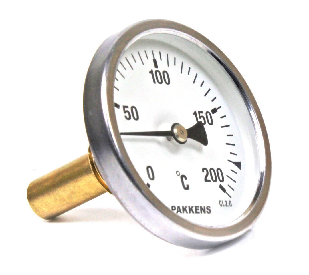 Pakkens Termometre 0-200 °C Çap 63 mm Daldırma Boyu 5 cm Arkadan Bağlantılı G 1/2 inç