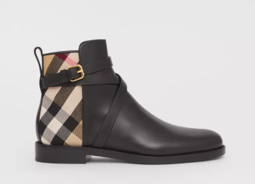 House Check and Leather Ankle Boots - Bot, Siyah