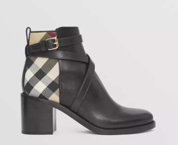 House Check and Leather Ankle Boots - Bot, Siyah
