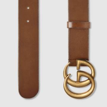 Leather belt with Double G buckle - Kemer, Kahverengi
