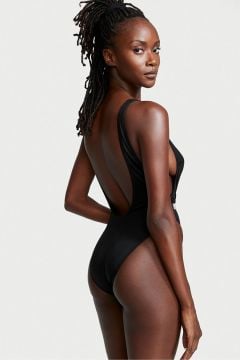 Very Sexy Shine Strap Belted Open Back Swimsuit - Mayo, Siyah