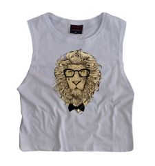 Aslan Gözlüklü Crop Top Baskılı Göbek Üstü-Yarım T-shirt