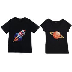 Saturn and Rocket Baskılı Sevgililer Günü Özel Çift Tişört