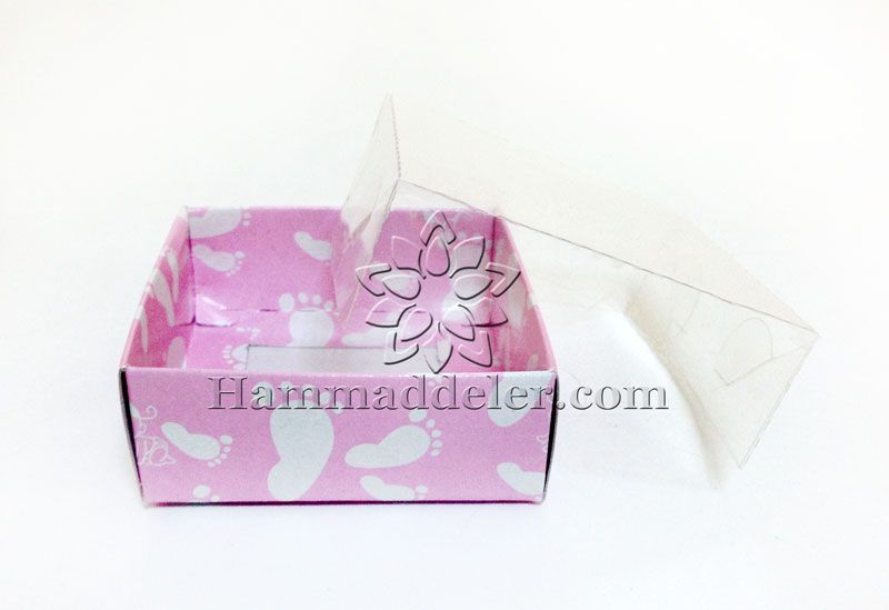 Pembe Ayak İzi Asetat Kutu 8x8x3 cm 10 Adet