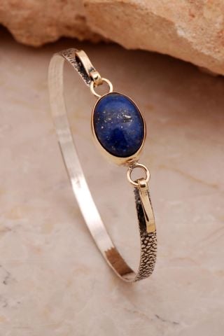 Lapis Lazuli Taşlı Dövme Elişi Tasarım Gümüş Bilezik 4389