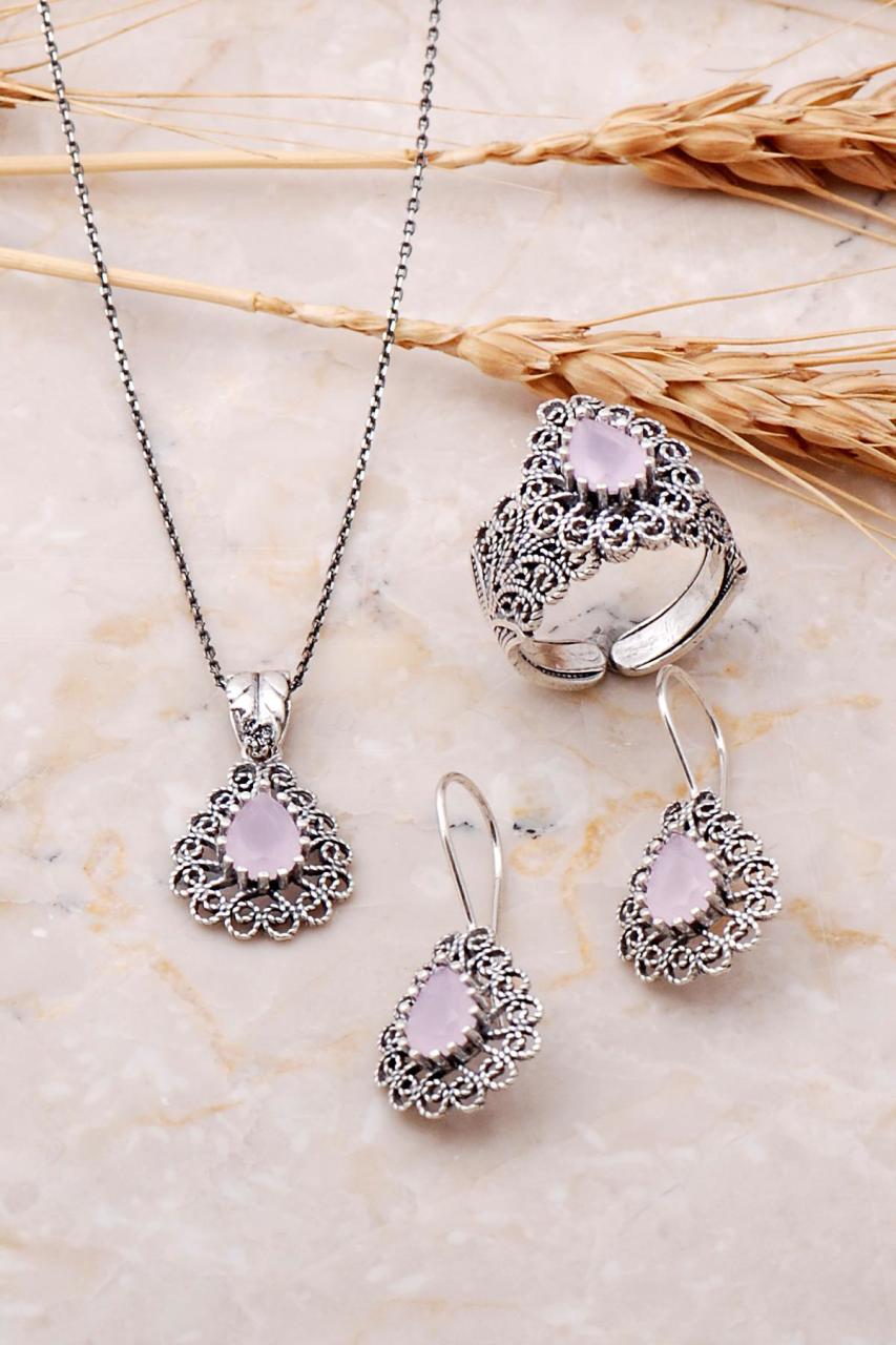 Damla Tasarımlı Telkari İşlemeli Pembe Quartz Taşlı Gümüş set 1886