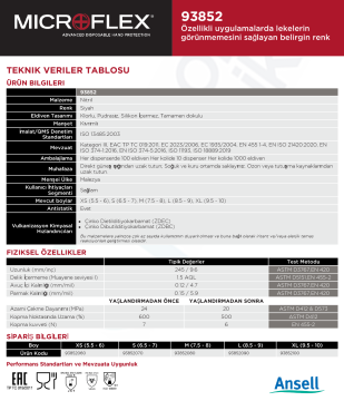 Ansell MICROFLEX® 93-852 Islak Ortamlar için  Kimyasallara Dirençli Nitril Laboratuvar Eldiveni Extra Large  (9.5 - 10) 100 Adet/Kutu