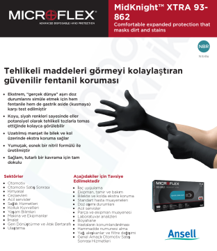 Ansell MICROFLEX® MidKnight® XTRA 93-862  Kimyasallara Dirençli Nitril Laboratuvar Eldiveni Medium (7.5 - 8) 100 Adet/Kutu