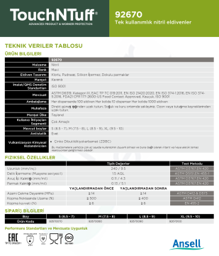 Ansell TouchNTuff® 92-670 Kimyasallara Dirençli Nitril Laboratuvar Eldiveni Small (6.5 - 7) 100 Adet/Kutu