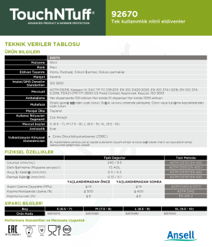 Ansell TouchNTuff® 92-670 Kimyasallara Dirençli Nitril Laboratuvar Eldiveni Large (8.5 - 9) 100 Adet/Kutu