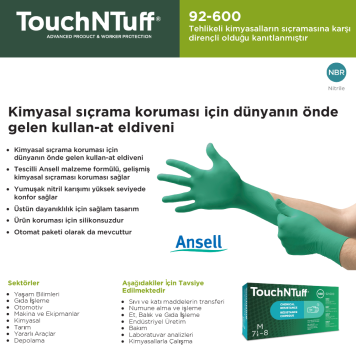 TouchNTuff® 92-600 Kimyasal Sıçrama Koruması için Nitril Eldiven Large (8.5 - 9) 100 Adet/Kutu