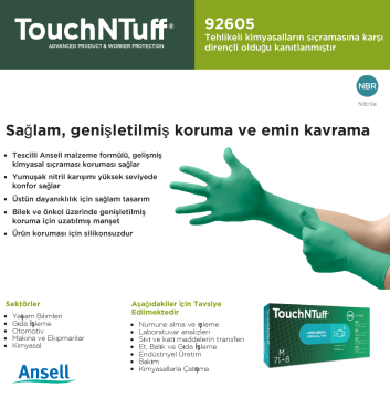 TouchNTuff® 92-605 Kimyasal Sıçrama Koruması için Nitril Eldiven Small (6.5 - 7) 100 Adet/Kutu