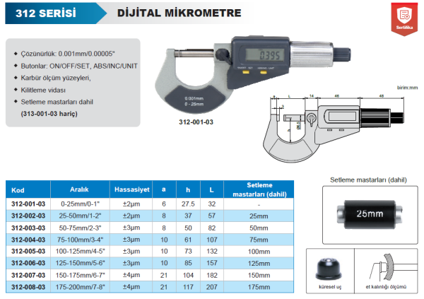 Accud Dijital Dış Çap Mikrometresi 312 Serisi 0-25 mm