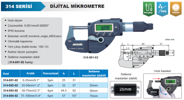 Accud Dijital Mikrometre 314 Serisi - Hızlı Ölçüm 75-100 mm