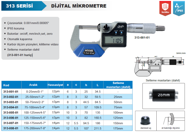 Accud IP65 Dijital Dış Çap Mikrometresi 313 Serisi 100-125 mm