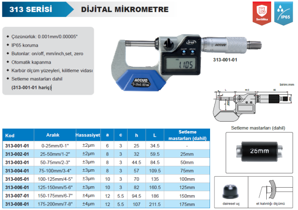 Accud IP65 Dijital Dış Çap Mikrometresi 313 Serisi 50-75 mm
