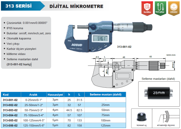Accud IP65 Dijital Dış Çap Mikrometresi Veri Çıkışlı 313 Serisi 125-150 mm
