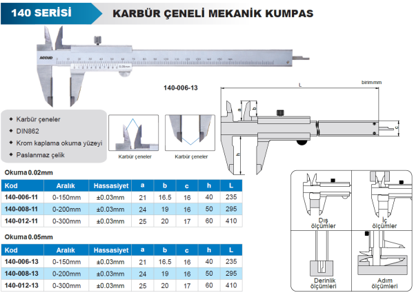 ACCUD 140-006-11 Karbür Çeneli Mekanik Kumpas 140 Serisi 0-150mm - 0.02mm