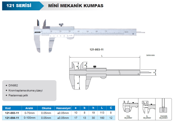 ACCUD 121-003-11 Mekanik Kumpas 121 Serisi - Mini Boy 0-70mm