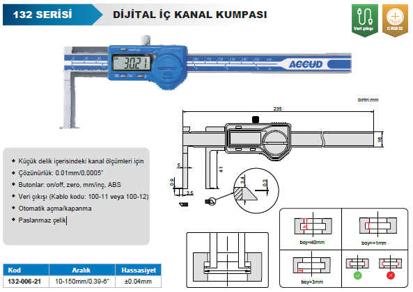 ACCUD 132-006-21 Dijital İç Çap Kanal Kumpası 132 Serisi - 150mm