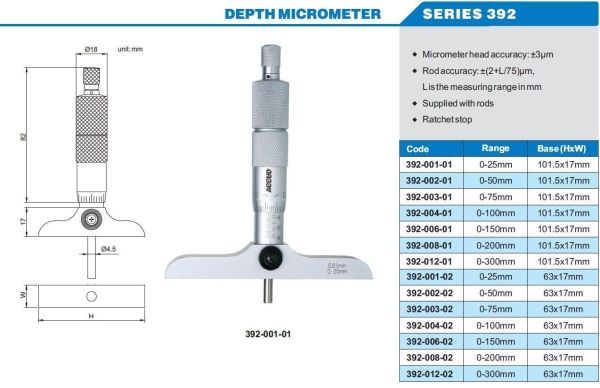 ACCUD 392-012-01 Derinlik Mikrometresi 392 Serisi 0-300mm - 101.5x17mm