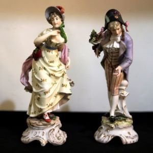 Meissen imzalı 19.Y.y. el boyaması porselen çift figür heykel. Y:22cm.
