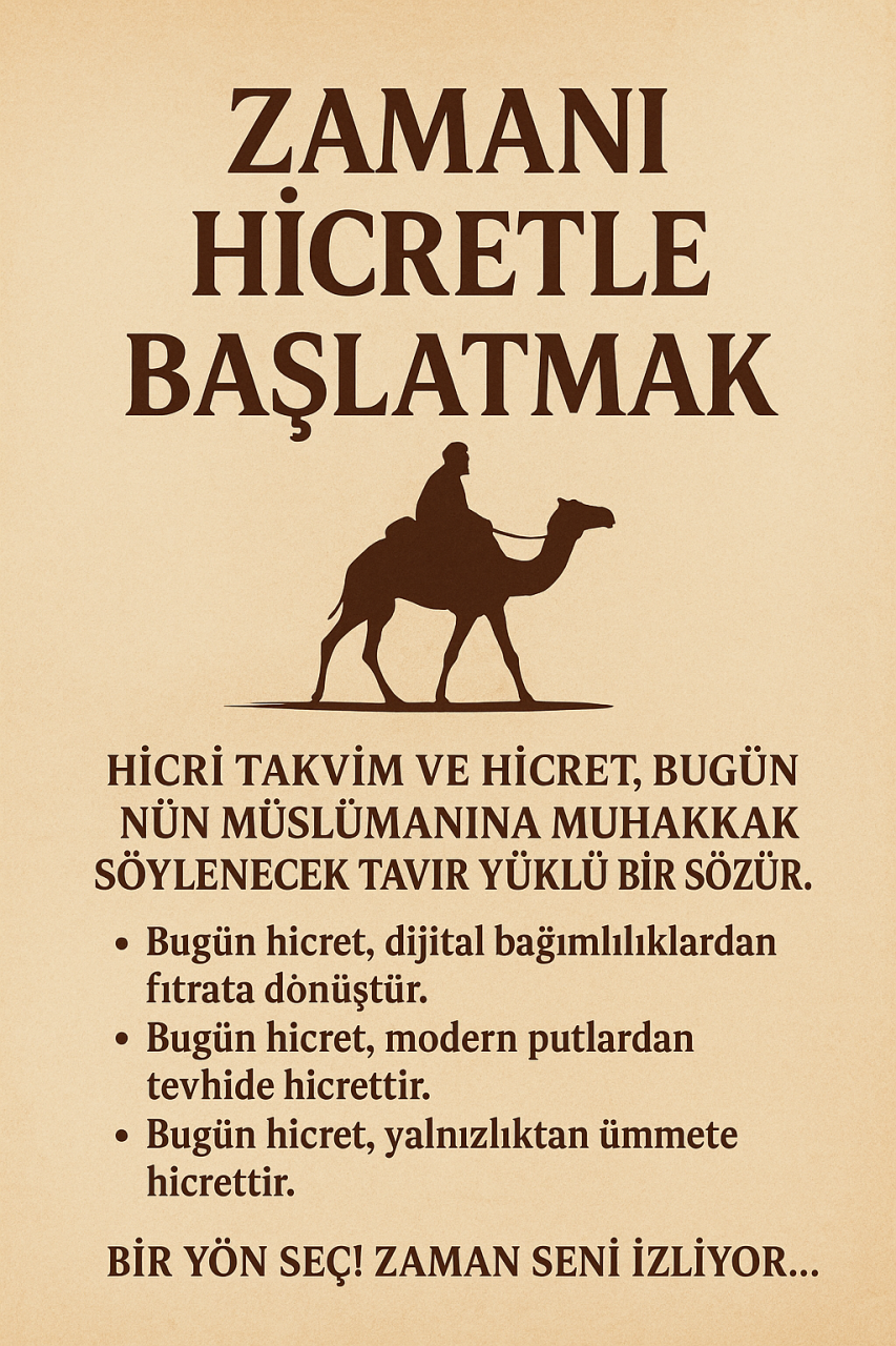HİCRET – ZAMANIN KIBLEYE DÖNDÜĞÜ GECE
I. Başlangıç
Zamanı gömdüler ey dost…
Takvimler suskun, saatler yetim…
Kıblesini kaybetti asır,
Ay başka bir gökte,
Biz başka bir yerde doğuyoruz artık…
Bir gece vardı…
Ne kandil yandı, ne düğün çalındı…
Ama göklerde bir kapı aralandı.
Ve o gece,
Zaman hicret etti.
II. Gidişin Sessizliği
Yürüyordu O...
Gecenin en derininde,
Yıldızların bile secdeye durduğu bir vakitte…
Omzunda insanlığın boynunu büken yük…
Ardında:
Putlar kadar katı bakışlar…
Önünde:
Dua kadar yumuşak bir şehir: Medine…
Bir gül gibi yürüyordu,
Kendini değil, emaneti taşıyordu…
Gidişi suskun,
Manası feryat doluydu…
III. Zamanın Secdesi
Ve o an...
Takvim kıbleye döndü!
Ayın boynu büküldü,
Zaman eğildi Resûl’ün izine...
Takvim başlamadı,
Secde etti.
Bir millet, hicretle doğdu.
Bir medeniyet, yürüyerek yazıldı.
Bir yıl, susarak başladı;
Ama her ayı, bir ayet gibi parladı.
IV. Biz Neredeyiz?
Ve şimdi sor bana ey çağ…
Biz neredeyiz?
Yıldızları ekranlara sığdırmış,
Ayı unuttuğu hâlde
Hâlâ göğe bakmaktan söz eden
Bir kör kalabalığın içindeyiz.
Bir yere gitmiyoruz artık.
Yürümüyoruz…
Taşınan yüklerimiz değil, yalnızca ceplerimiz.
Biz bu çağda
hicret etmeyen bir ümmetin torunlarıyız!
V. Bugünün Hicreti
Hicret artık bir şehir değil,
Bir yön meselesidir.
Bugün hicret:
Kendinden Allah’a,
Egondan tevhide,
Kurgudan hakikate,
İzleyicilikten şahitliğe,
Tükürülmüş bir hayat tarzından, secdeye hicrettir.
Bugün hicret,
Tükenmiş bir