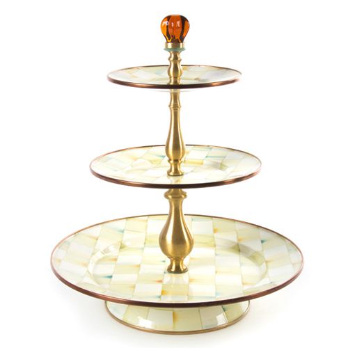 Parchment Check Enamel Three Tier Sweet Stand
