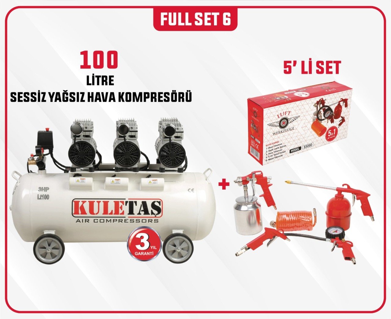 Full Set 6 Kuletaş Süper Sessiz Yağsız Kompresör 100 Litre +5 Li Havalı Alet Seti