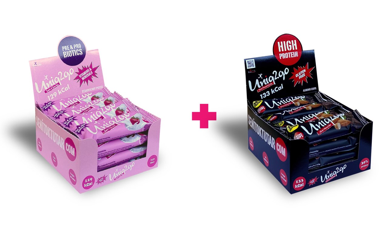 Uniq2go Tatlı-Ekşi  Pre-Probiyotik 16'Lı kutu yanında Uniq2go Power Bademli 16'lı kutu (toplam 32 adet)38 g.Protein Bar