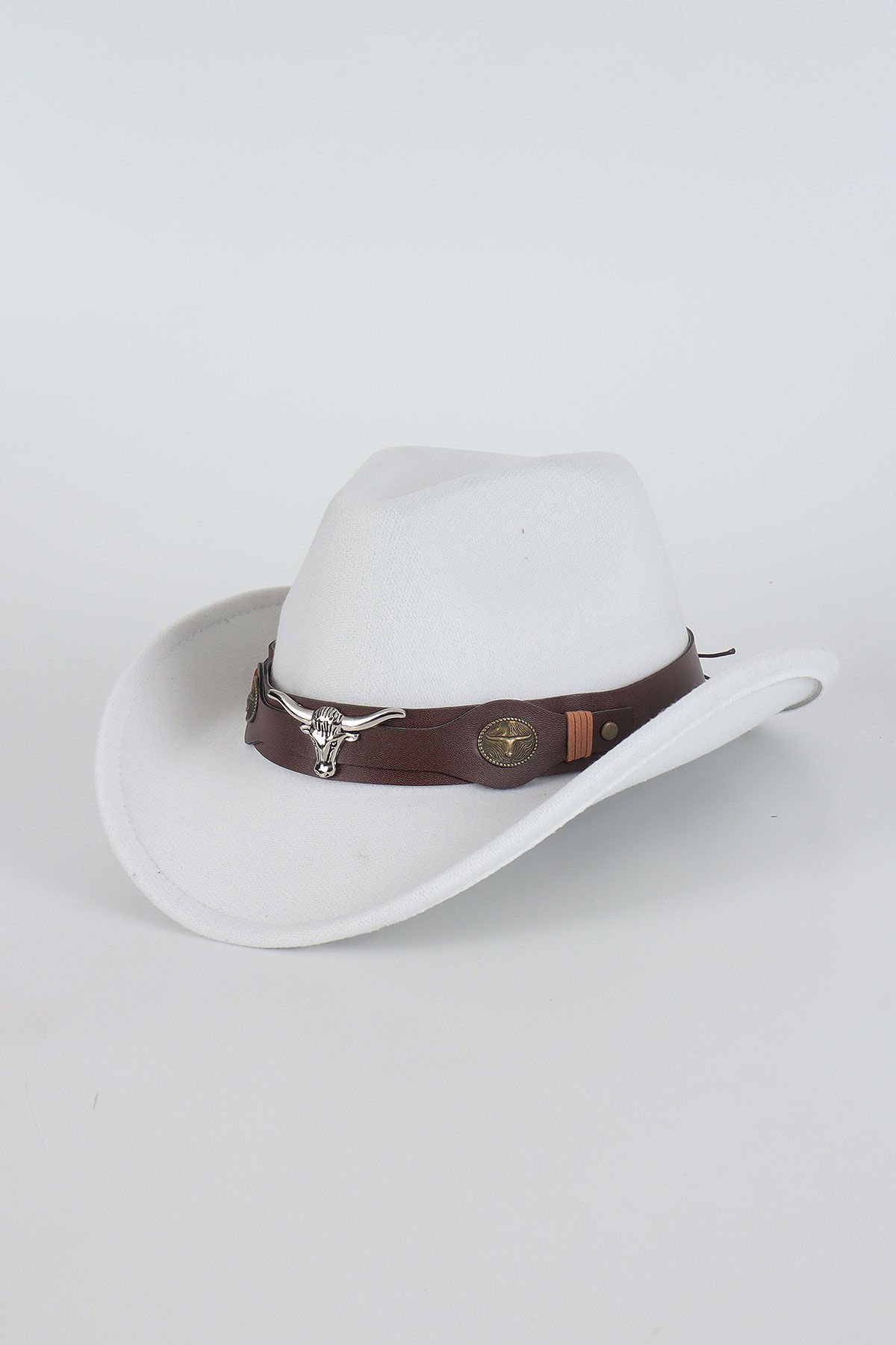 Kovboy Deri Detaylı Fötr Şapka - Beyaz