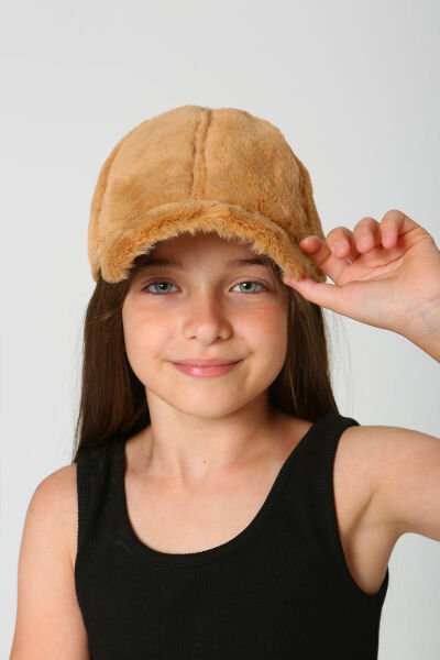 Çocuk Kürk Peluş Baseball Cap Şapka - Kahverengi