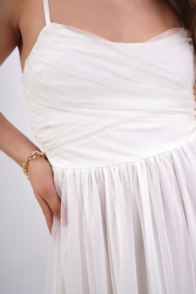 Beyaz Tül Pileli Şifon Mini Elbise
