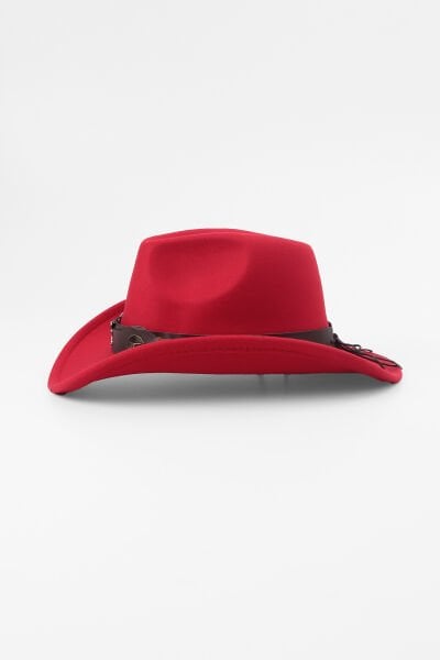 Kovboy Deri Detaylı Fötr Şapka - Kırmızı
