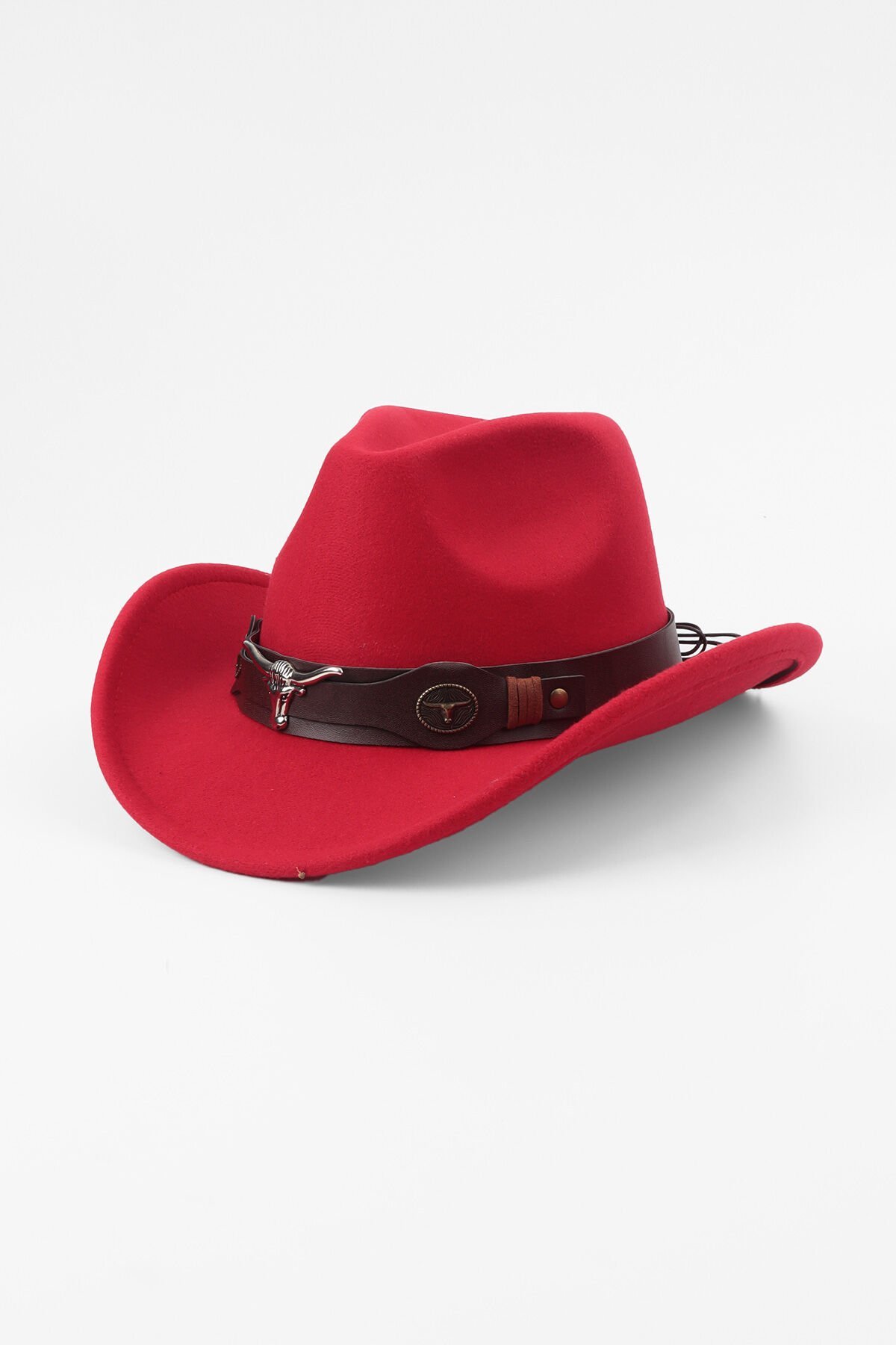 Kovboy Deri Detaylı Fötr Şapka - Kırmızı