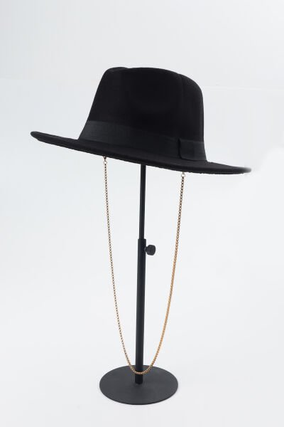 Zincirli Boyun Askılı Fötr Panama Şapka - Siyah