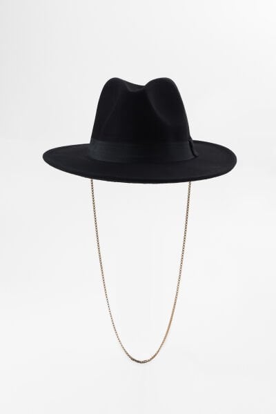 Zincirli Boyun Askılı Fötr Panama Şapka - Siyah
