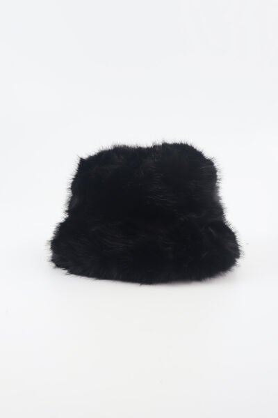 Siyah Kürk Yuvarlak Şapka Peluş Bucket Şapka