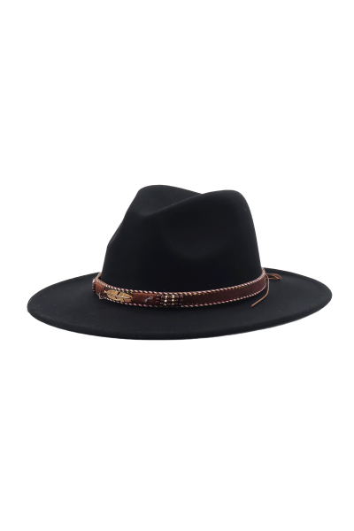 Etnik Kuşak Detaylı Siyah Fötr Panama Şapka