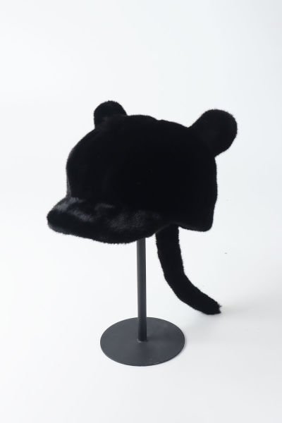 Peluş Kürk Kulaklı Kuyruklu Şapka - Siyah