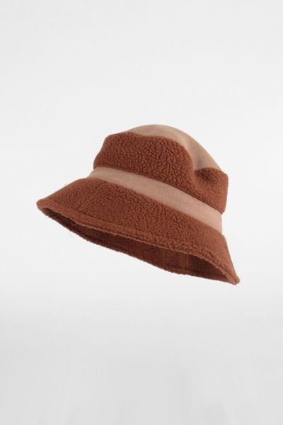 Peluş Detaylı Bucket Yuvarlak Şapka - Kahve